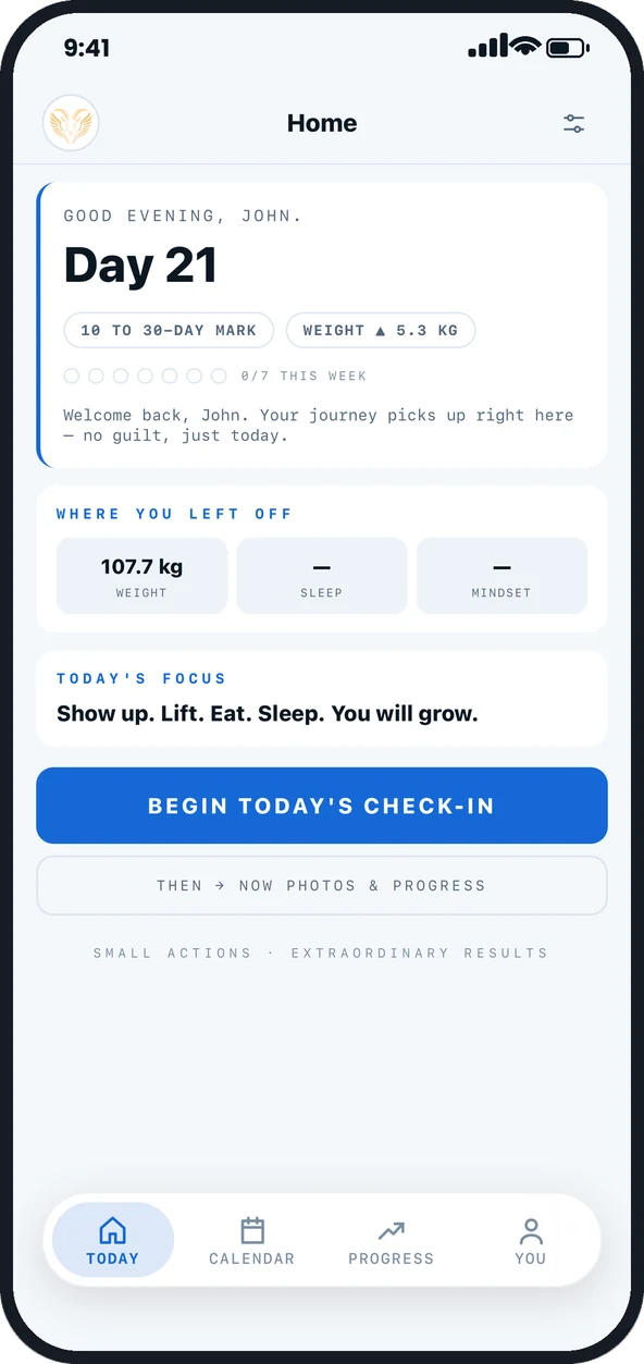 Journey home screen showing day count, weight and today's check-in button