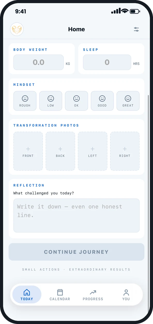 Journey daily check-in screen with weight, sleep, mindset, photo slots and a reflection box