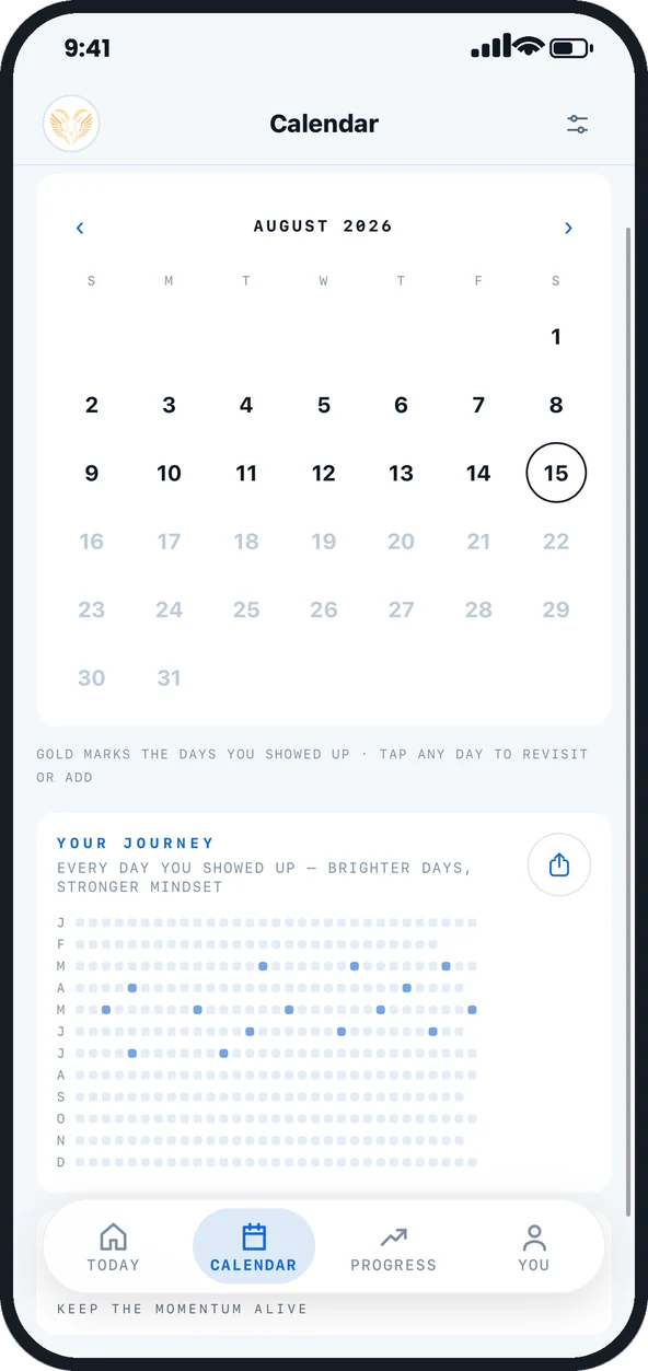 Journey calendar screen with a month grid and a full-year check-in heatmap