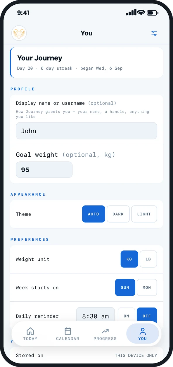 Journey settings screen in the light theme