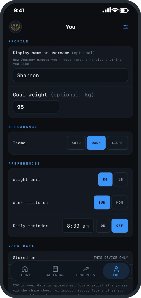 Journey settings screen in the dark theme