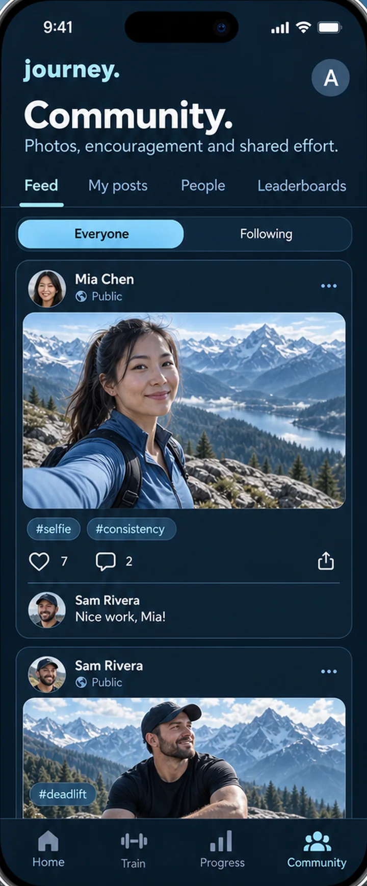 The community feed with posts from members, hashtags, likes and comments.