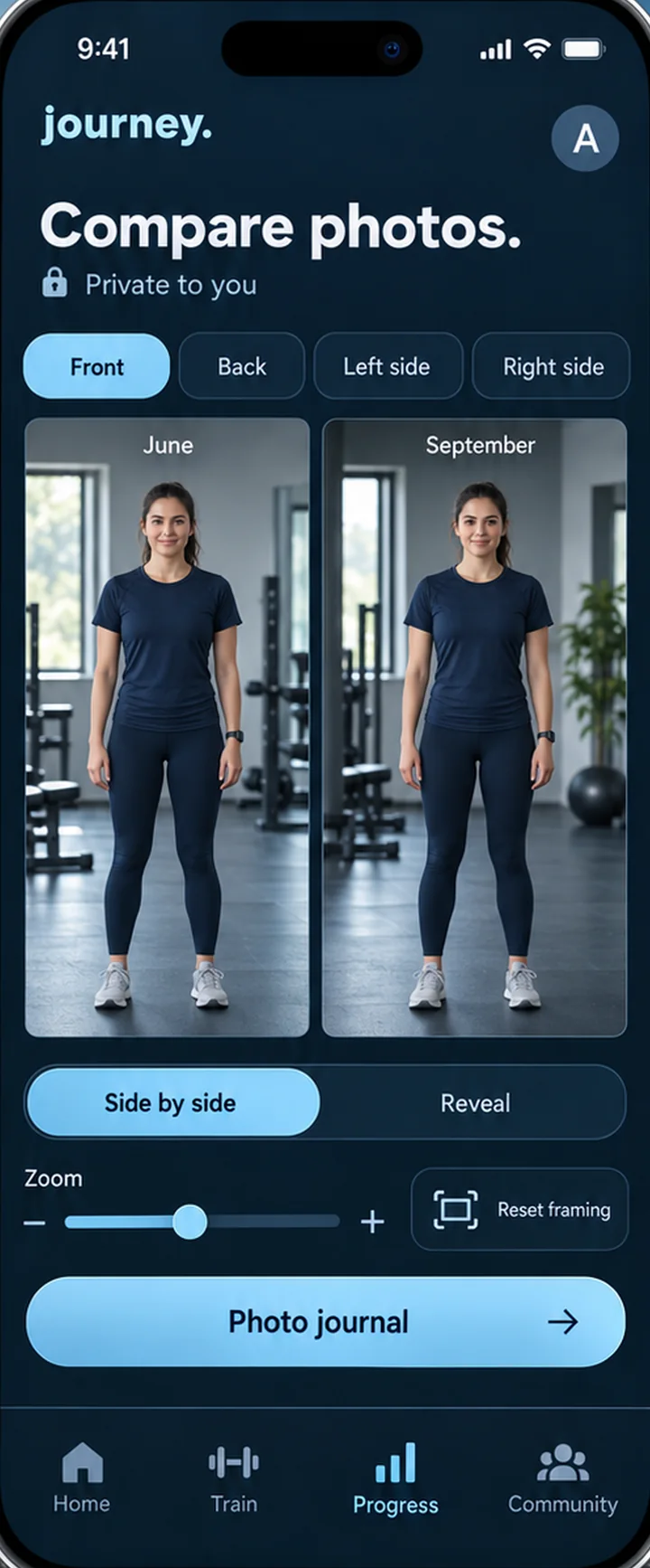 Two progress photos from June and September shown side by side with zoom and framing controls.