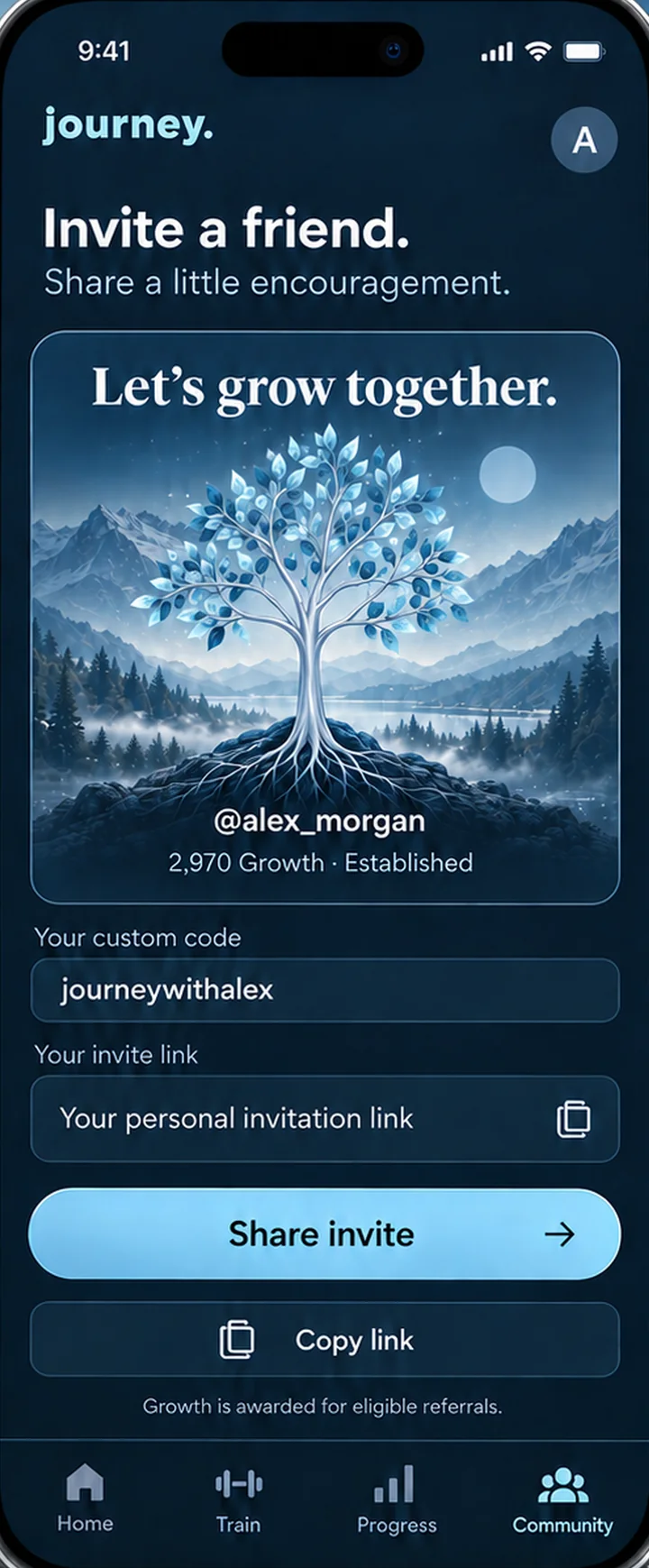 An invitation card showing a Tree of Life, a custom referral code and a share button.