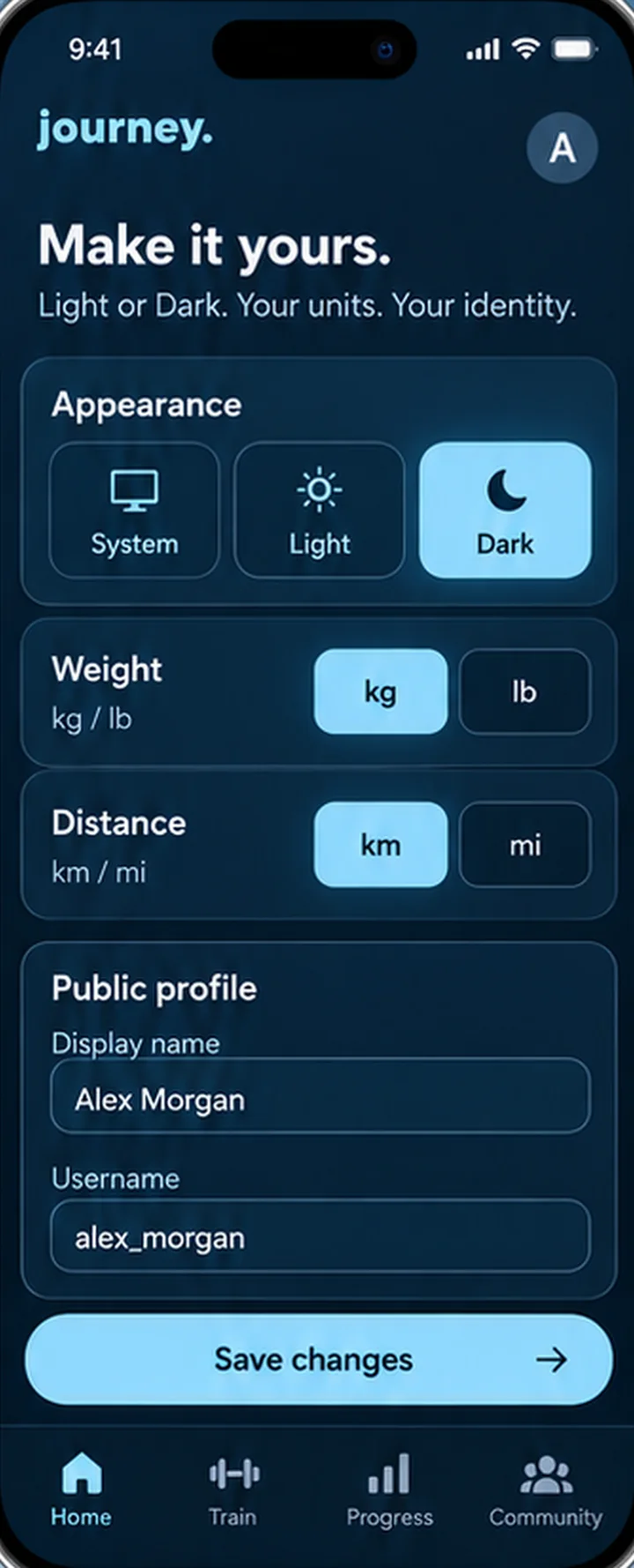 The same settings screen in the dark theme.