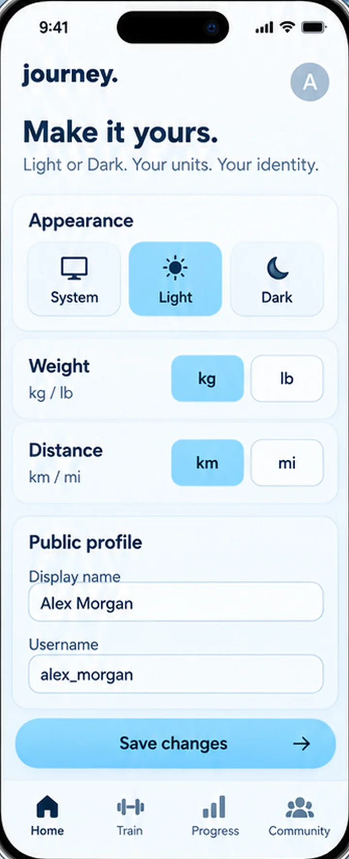Journey settings in the light theme, with appearance, unit and profile controls.