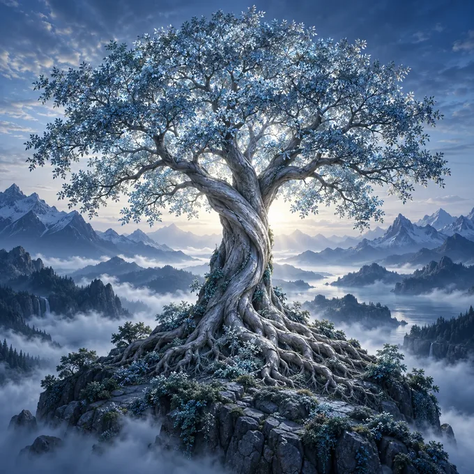 Illustration of a mature tree with deep roots and a full canopy over a mountain lake.