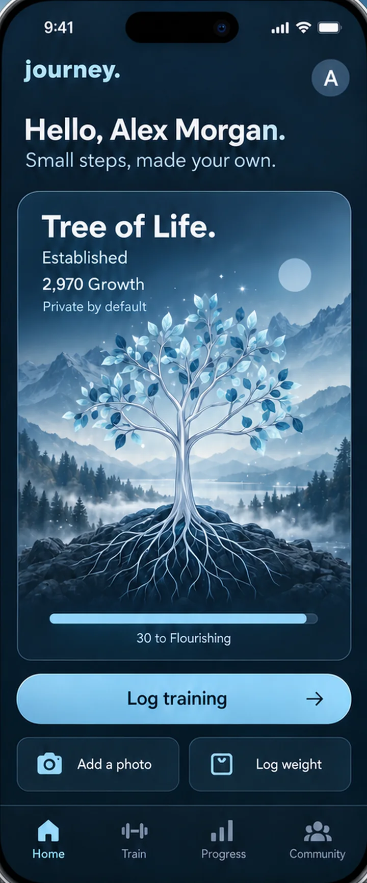The Journey home screen showing a Tree of Life at the Established stage with 2,970 Growth.