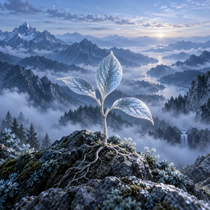 Illustration of a seedling with two leaves on a rocky outcrop above a misty valley.